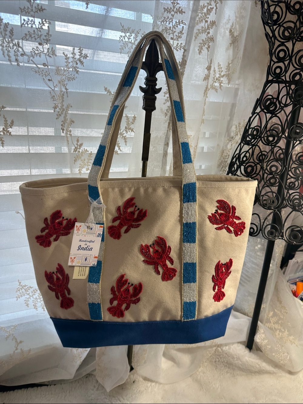 Made in India beaded canvas lobster tote bag